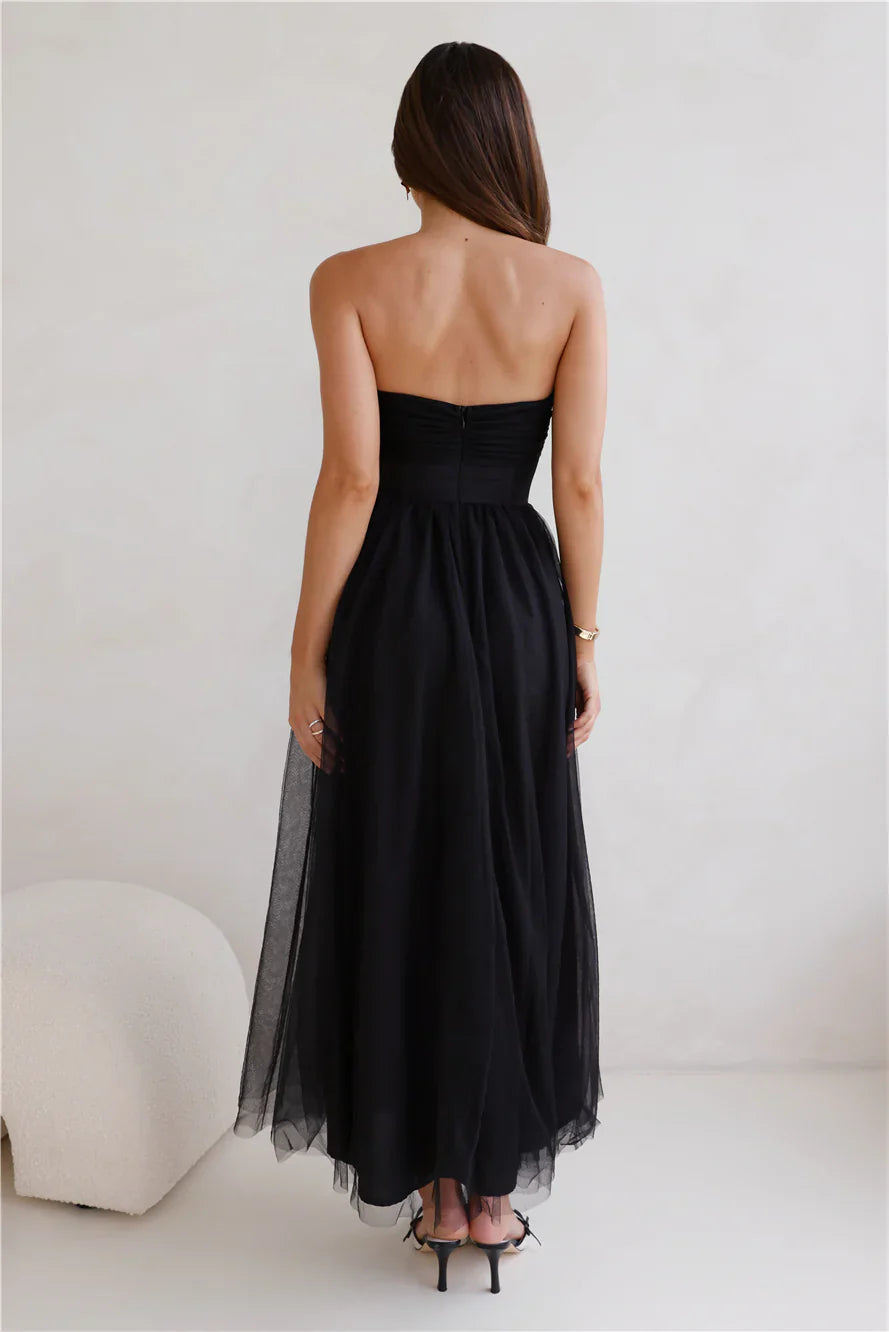 Worthy Of Diamonds Strapless Tulle Midi Dress Black