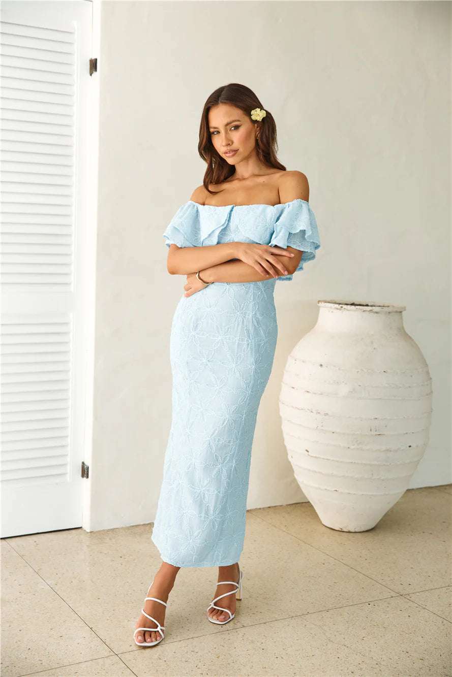 Moment Of Dance Off Shoulder Maxi Dress Blue