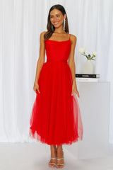 Signal My Way Tulle Midi Dress Red