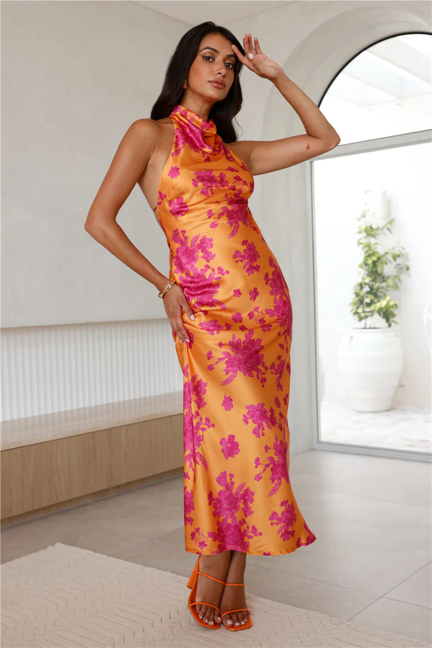 Love Signs Halter Satin Maxi Dress Orange