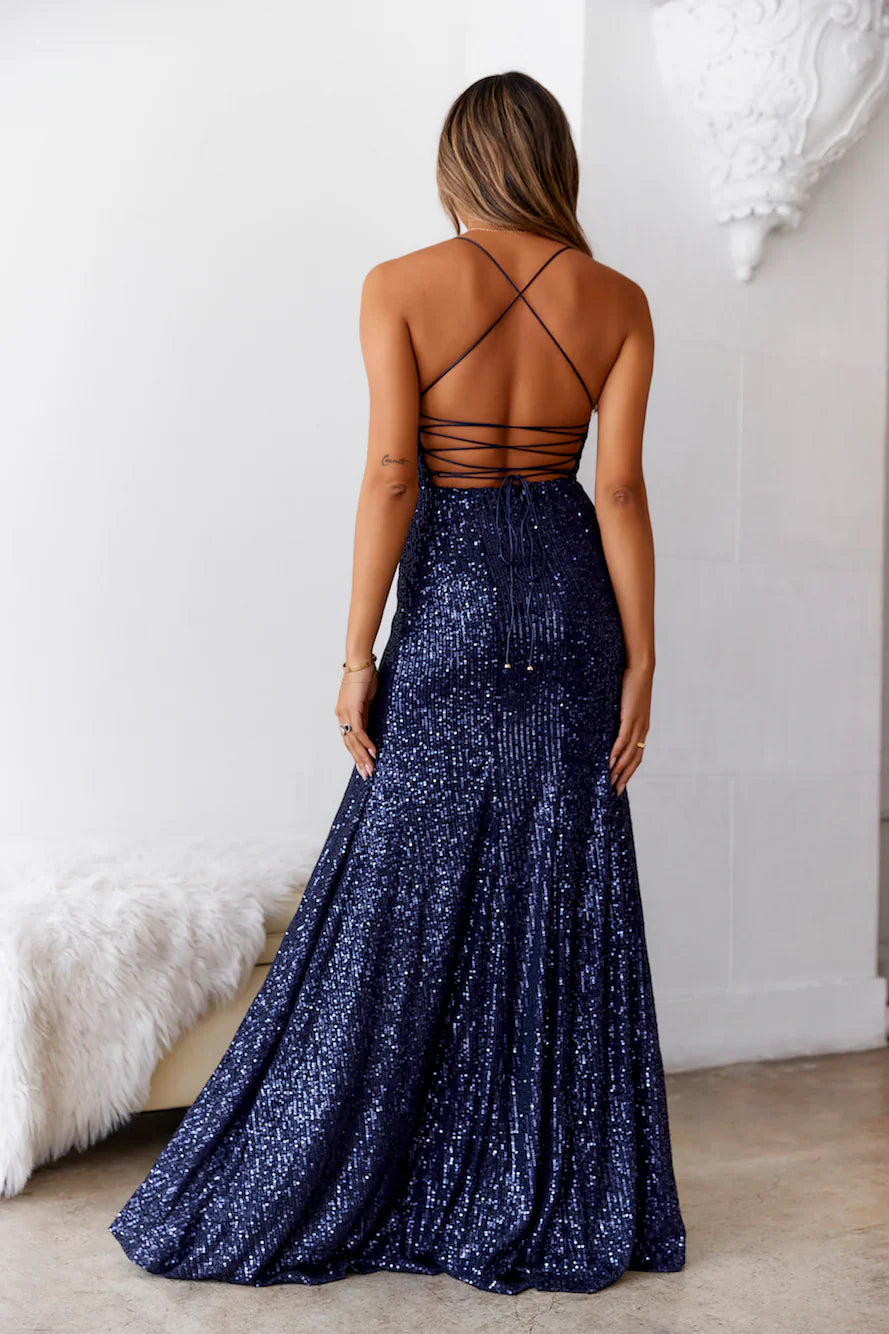 DEAR EMILIA Shimmer Lake Maxi Dress Navy Sequins