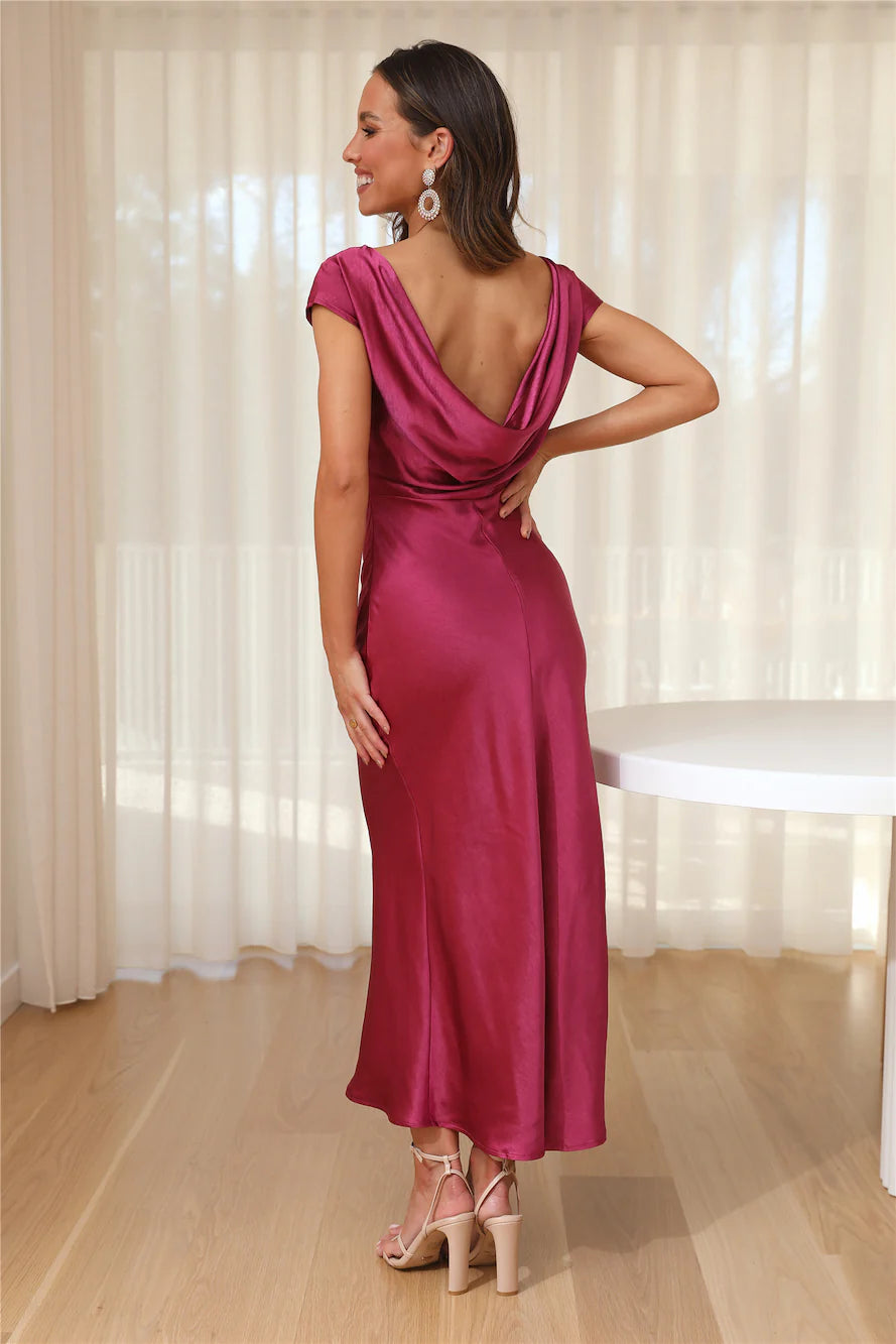 Faithful Nights Satin Midi Dress Fuchsia