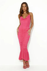 Exotic Entrance Halter Mesh Midi Dress Pink