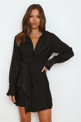 Days Of Love Long Sleeve Satin Mini Dress Black