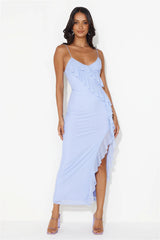 Flaunt It Girl Frill Mesh Maxi Dress Blue