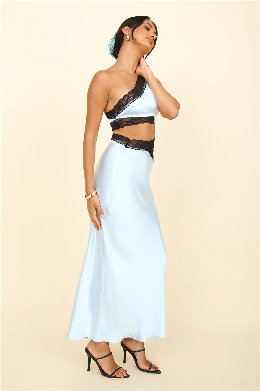 Intricate Love Satin Maxi Dress Blue