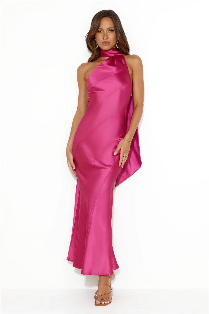 Glistening Star Satin Maxi Dress Hot Pink