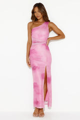 Party Destination One Shoulder Mesh Maxi Dress Pink