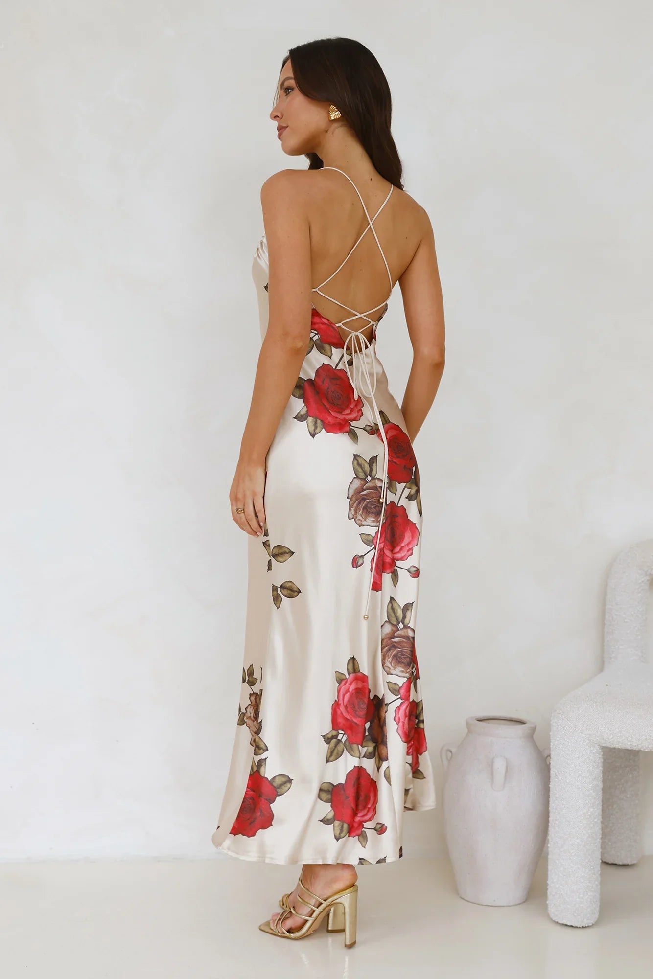 Rose Between Thorns Satin Maxi Dress Beige