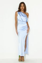 Elite Girl Off Shoulder Satin Maxi Dress Blue