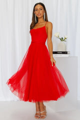 Signal My Way Tulle Midi Dress Red