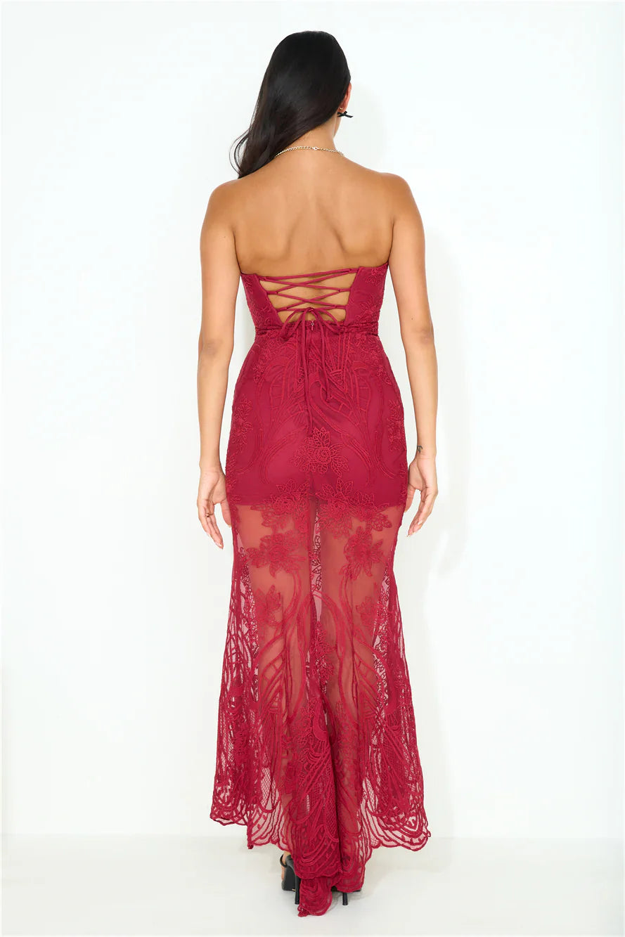 Piano Playing Lace Strapless Maxi Dress Wine