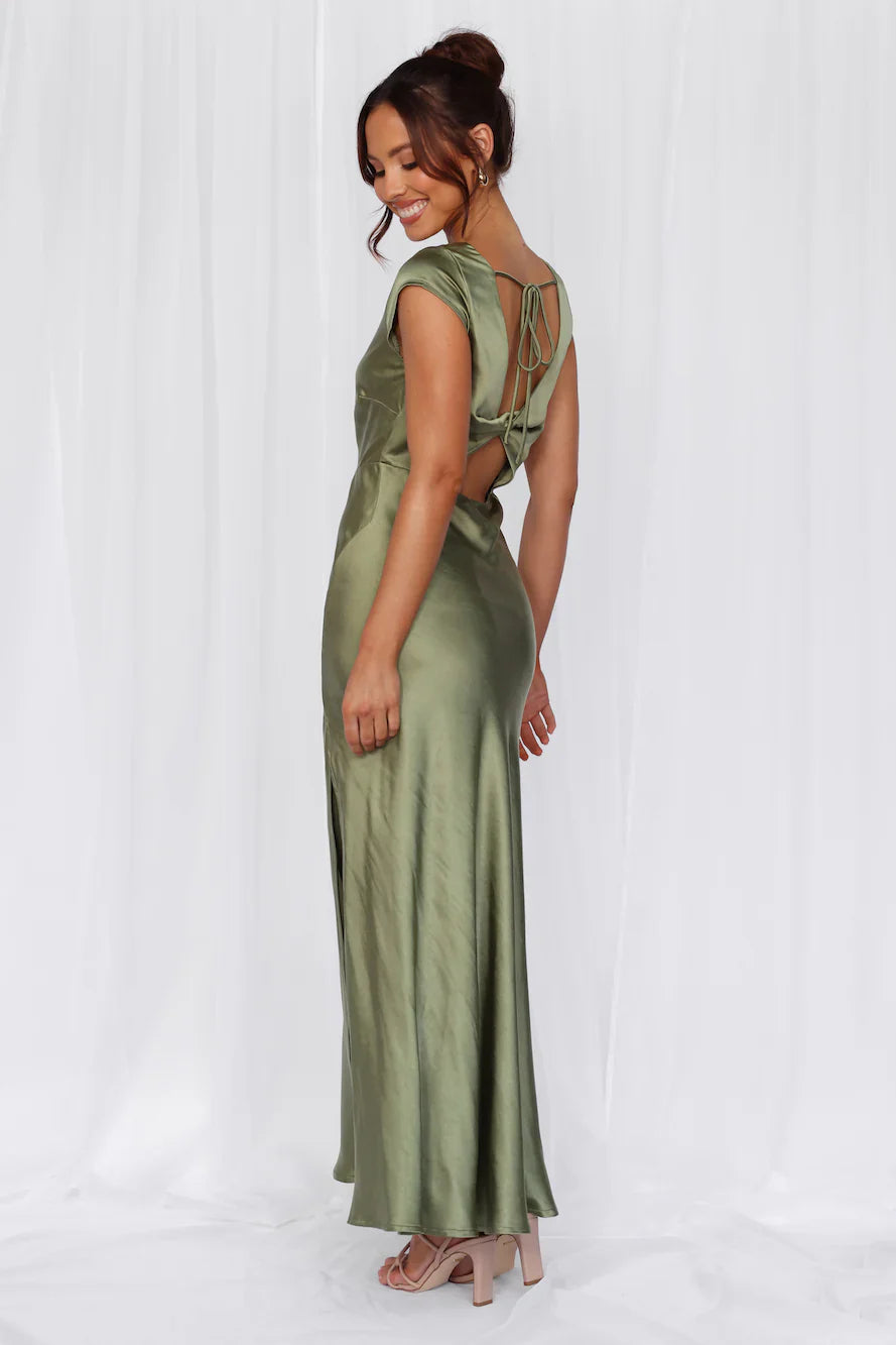 The Valentina Cap Sleeve Satin Maxi Dress Olive