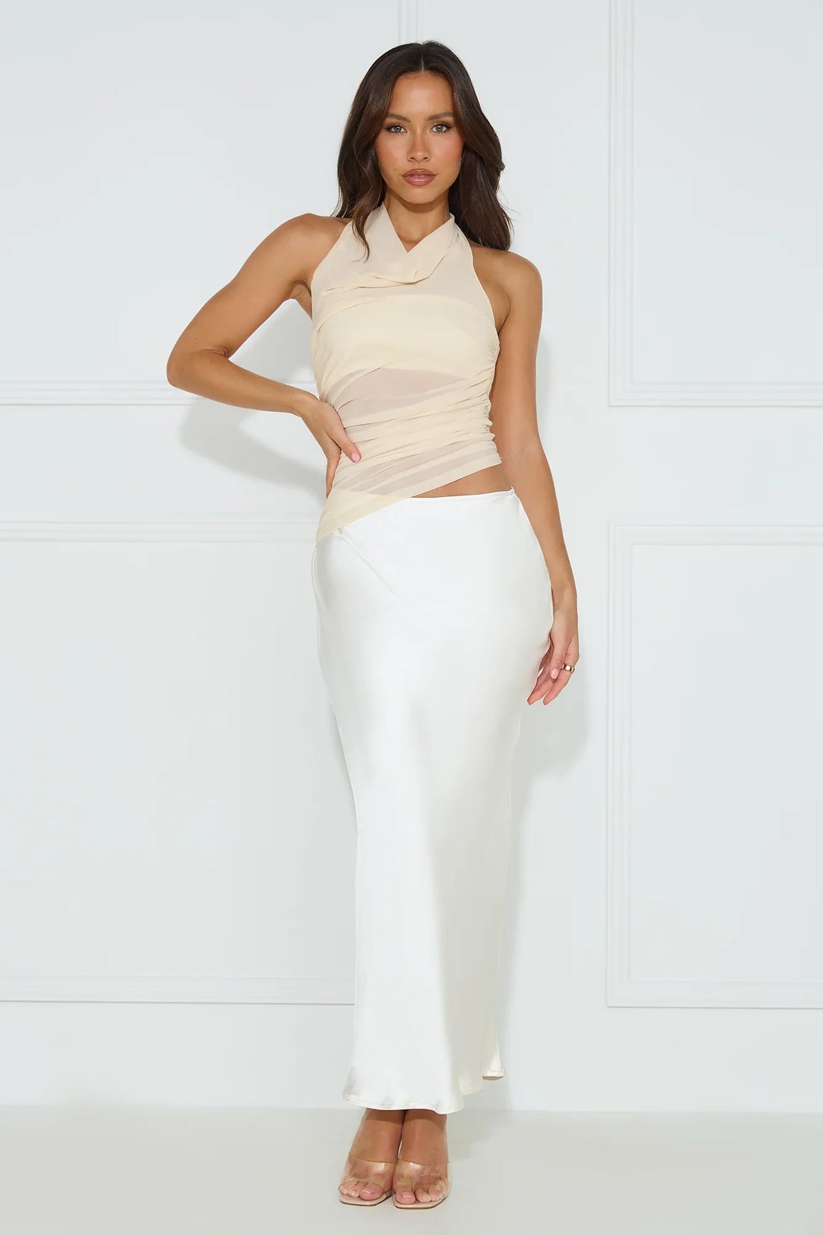 Popping Bottles Satin Mesh Halter Maxi Dress Champagne