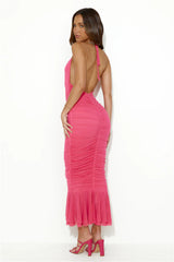 Exotic Entrance Halter Mesh Midi Dress Pink