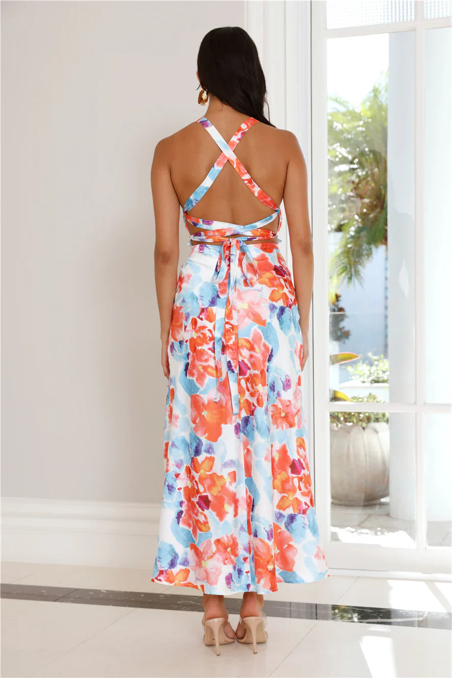 Low Waves Satin Maxi Dress Print